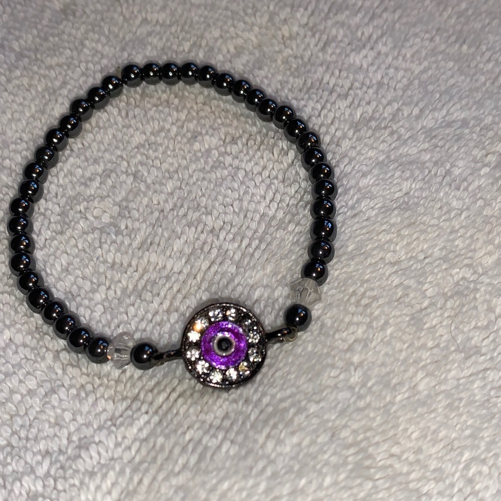 Bracelet black beads, purple stone evil eye